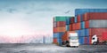 Transport of container truck at shipping depot dock yard background with stack colorful containers box, Logistics Royalty Free Stock Photo