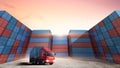 Transport of container truck in shipping port with stack of colorful containers box background, copy space, Business Logistics Royalty Free Stock Photo