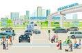 Transport with elevated train, bus and road transport illustration