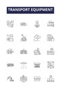 Transport equipment line vector icons and signs. Equipment, Cars, Trucks, Boats, Buses, Aircraft, Trains, Trailers