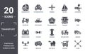 transport icon set. include creative elements as sailing boat with veils, car painting, prison bus, longboard, midget car,