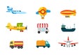 Transport icons. Air transport, river and sea transport. Ground transportation. Cargo, airship and balloon machines. vector illust