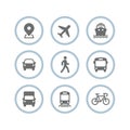 Transport icons. Airplane, Public bus, Train, Ship/Ferry, Car, walk man, bike, truck and auto signs. Shipping delivery symbol. Air