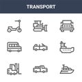 9 transport icons pack. trendy transport icons on white background. thin outline line icons such as yatch, ship, excavator . Royalty Free Stock Photo