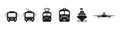 Transport icons set. City transport black logos vector. Vehicles for travel. Set of black bus, train, plane, ship vector Royalty Free Stock Photo