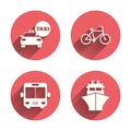 Transport icons. Taxi car, Bicycle, Bus and Ship