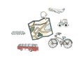 Transport 8 icons. Travel set. Trasportation Vintage Flat color Concept. Airplane, car, bike. Hand drawn illustration, grunge