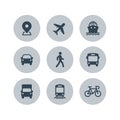 Transport icons. Walk man, Bike, Airplane, Public bus, Train, Ship/Ferry and auto signs.