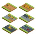 Transport for laying and repair of asphalt. Isometric concept of Forklifts, Asphalt Paver, Wheel tractor-scraper