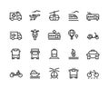 Transport line icons. Airplane helicopter balloon train trolley city vehicles bicycle motorcycle travel. Transportation