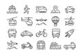 Transport line icons. Car travel. Vehicle types. Taxi and bike. Public bus. Bicycle and train body. Automobile truck or