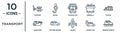 transport linear icon set. includes thin line chopper, frontal bus, trucks, station wagon, locked car, terrain vehicle, large boat Royalty Free Stock Photo