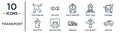 transport linear icon set. includes thin line flying airplane, public transport, car repair, van front view, light aircraft, long