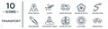 transport linear icon set. includes thin line rocket vertical position, loaded truck side view, airplane flying, space rocket