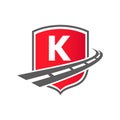 Transport Logo With Shield Concept On Letter K Concept. K Letter Transportation Road Logo Design Freight Template
