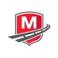 Transport Logo With Shield Concept On Letter M Concept. M Letter Transportation Road Logo Design Freight Template