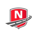 Transport Logo With Shield Concept On Letter N Concept. N Letter Transportation Road Logo Design Freight Template