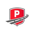 Transport Logo With Shield Concept On Letter P Concept. P Letter Transportation Road Logo Design Freight Template