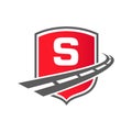 Transport Logo With Shield Concept On Letter S Concept. S Letter Transportation Road Logo Design Freight Template
