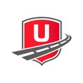 Transport Logo With Shield Concept On Letter U Concept. U Letter Transportation Road Logo Design Freight Template