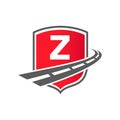 Transport Logo With Shield Concept On Letter Z Concept. Z Letter Transportation Road Logo Design Freight Template