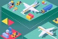 Transport plane at airport, loading aircraft service, isometric vector illustration. Airplane transportation for freight Royalty Free Stock Photo