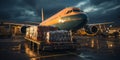 Transport plane at the airport. Workers load goods and cargo onto the plane. Cargo pallets. Air freight