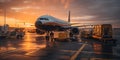 Transport plane at the airport. Workers load goods and cargo onto the plane. Cargo pallets. Air freight