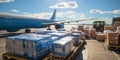 Transport plane at the airport. Workers load goods and cargo onto the plane. Cargo pallets. Air freight