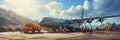 Transport plane at the airport. Workers load goods and cargo onto the plane. Cargo pallets. Air freight