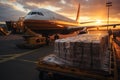 Transport plane at the airport. Workers load goods and cargo onto the plane. Cargo pallets. Air freight