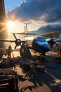 Transport plane at the airport. Workers load goods and cargo onto the plane. Cargo pallets. Air freight