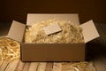 Transport ready Empty corrugated box filled with sawdust for packaging