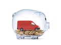 Transport red van car on coins inside transparent piggy bank Royalty Free Stock Photo