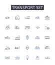 Transport set line icons collection. Health kit, Travel bag, Entertainment pack, Office statiry, Cooking utensils Royalty Free Stock Photo
