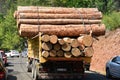 Transport stacked chopped wood logs renewable energy on flat back lorry truck