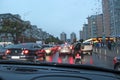 Transport standing in traffic jam during rain