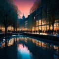 Transport to a Spring Bank Holiday evening in an urban oasis, city lights reflected in still waters