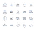 Transport and travel outline icons collection. Logistics, Planes, Boats, Trains, Roads, Ridesharing, Buses vector and