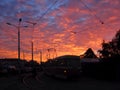 Transport trolley, sundown time. Dark street lanterns, tram with tramway Royalty Free Stock Photo