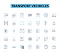 Transport vechicles linear icons set. Automobiles, Buses, Cars, Cycles, Delivery, Electric, Fleet line vector and