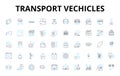 Transport vechicles linear icons set. Automobiles, Buses, Cars, Cycles, Delivery, Electric, Fleet vector symbols and