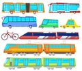 Transport vector public bus or train transported passengers and car or bicycle for transportation in city illustration