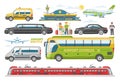 Transport vector public transportable vehicle bus or train and car for transportation in city illustration set of people Royalty Free Stock Photo