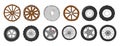 Transport wheels. Doodle car motorcycle and bicycle tires. Different auto rims and tyre types. Ancient cartwheels. Wooden metal