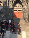 Historically Dressed Tirailleur of Imperial Guard at Clermont-Ferrand Cathedral, France Royalty Free Stock Photo