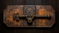 Vintage door lock flap, on wooden door close-up, detailing.