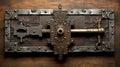 Vintage door lock flap, on wooden door close-up, detailing.