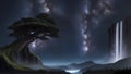 Otherworldly Arboreal Oasis: HD Wallpaper Showcasing Rooted Tree in Cosmic Ambiance