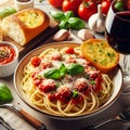 Italian Delight: Spaghetti with Savory Sauce and Garlic Bread.